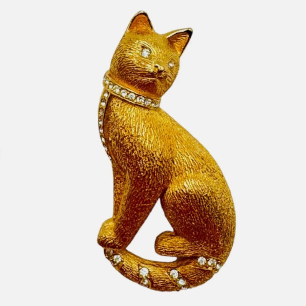 Vintage CHRISTIAN DIOR Gold Plated Kitty Cat Brooch with Clear Rhinestones